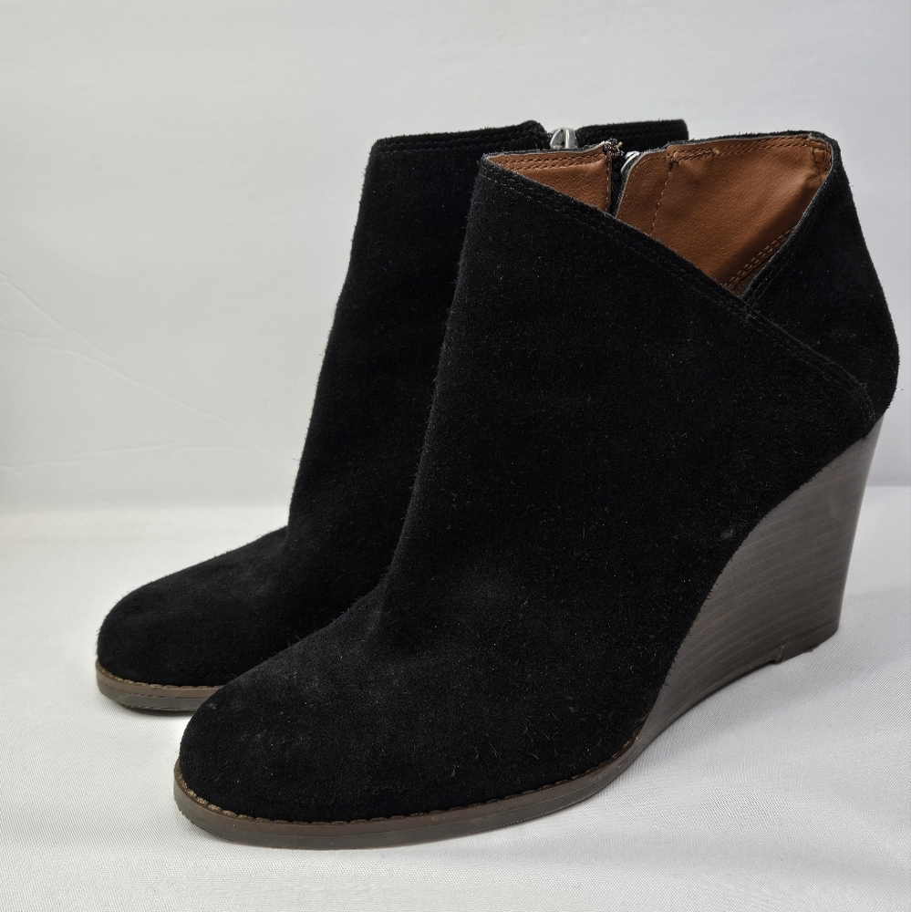 Women 9M Side Zip Booties Black Suede 3.5" Wedge Heel Almond Toe Ankle Boots
